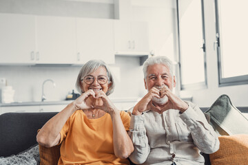 Close up portrait happy sincere middle aged elderly retired family couple making heart gesture with fingers, showing love or demonstrating sincere feelings together indoors, looking at camera..