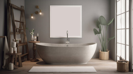 Naklejka na ściany i meble Modern interior design of bright bathroom with white bathtub