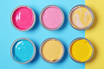 paint cans of various colors on blue and yellow background. top view. Ai generative