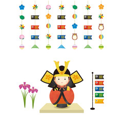 五月人形とこいのぼりと菖蒲とつるし飾りのイラストセット