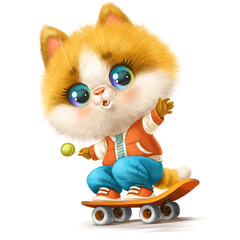 Cute cartoon orange Kitten on skateboard isolated on white background