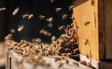 The bees fly around the hive. Beekeeping concept, close up. AI generated