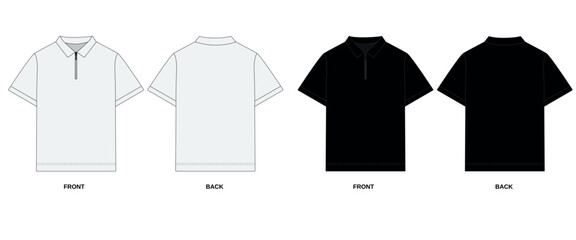 Collection of vector drawings of polo shirts with zipper, front and back view. Outline T-shirt template with collar, short sleeve. Sketch of a men's polo shirt with a zipper, white, black colors. © Iryna