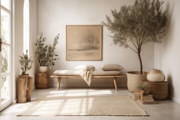 Scandi boho living room. Mockup beige empty wall with seat and olive tree. illustration. Generative AI © AkuAku
