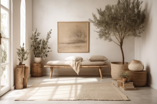 Fototapeta Scandi boho living room. Mockup beige empty wall with seat and olive tree. illustration. Generative AI
