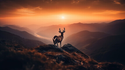 Deer on a mountaintop looking at the sunset created with Generative AI