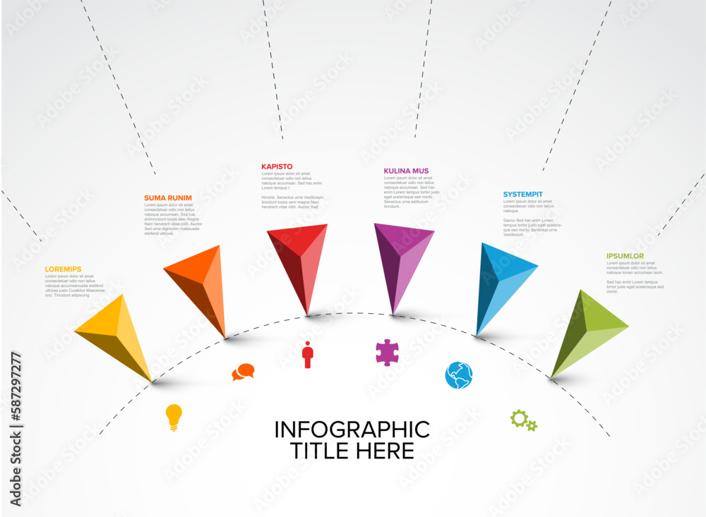 Poster timeline with six triangle pyramid arrows pointers on a circle line template