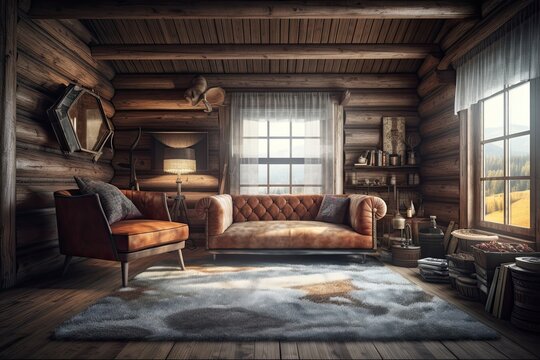 Log cabin living room, blurred. Carpet, fabric sofa, windows. Frame mockup, farmhouse interior,. Generative AI
