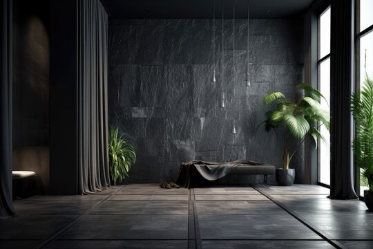 Black interior with gray tile stone floors and walls, as well as jeans. mock up for an illustration. Generative AI