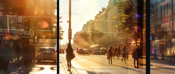 summer street ,car traffic people walking on street sun flares ,view from window on city urban lifestyle banner