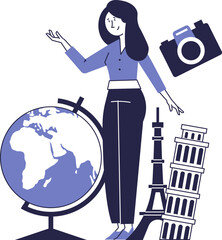 Girl sightseeing guide. Vector concept of excursions.
