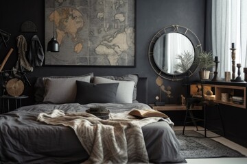 Modern bedroom design with king size bed and comfy bedding has sun shaped mirror and map in black frame on grey wall. Generative AI