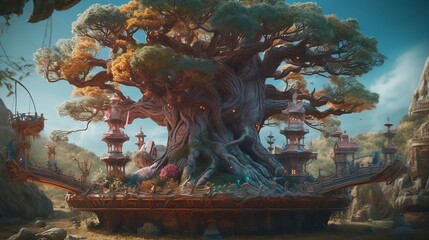 Enter a world of magic and wonder with Generative AI Art depicting the magnificent Yggdrasil tree in a fantastical setting. Let your imagination soar.