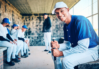 Baseball player, dugout and portrait of a black man with sports team and smile in stadium. Exercise, fitness and training motivation of a softball group at sport game feeling relax from solidarity - obrazy, fototapety, plakaty