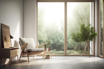 White living room with a chair and a view of a green environment. Scandinavian style in decorating. Generative AI - obrazy, fototapety, plakaty