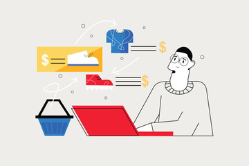 Online shopping line concept with people scene in the flat cartoon design. Woman surfs on the Internet and buys different clothes on the online store.