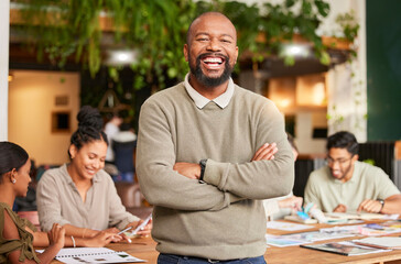 Black man, portrait smile and arms crossed in meeting for leadership, teamwork or brainstorming at office. Happy businessman, leader or coach smiling in management for team planning and collaboration