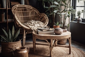 Boho chic. Open book on coffee table with rattan chair with indistinct backdrop. Eco friendly wicker furniture in pleasant living room. Generative AI