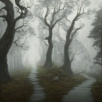 Fantastic Illustration of Foreboding Misty Forest With Two Paths - Generative A.I. Art