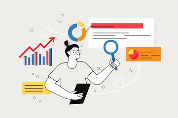 Line concept Searching business ideas with people scene in the flat cartoon style. Manager looking for opportunities and ideas for business development.