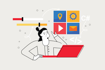 App development line concept with people scene in the flat cartoon style. Developer selects the images that will best suit the new application.