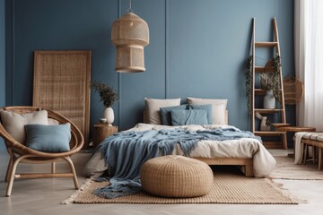 Boho bedroom, pillows, blue bed. Generative AI