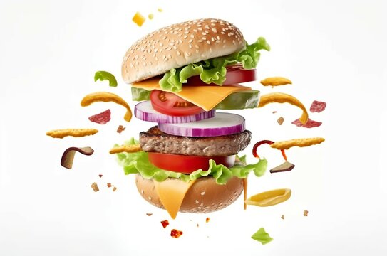 Pictures of healthy burgers hopping flying floating with delicious and lively ingredients on a white background. AI-generated images