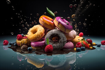 Fototapeta na wymiar Various sweet donuts, berries and ingredients flying in air. Dessert, sweet food. Generative AI