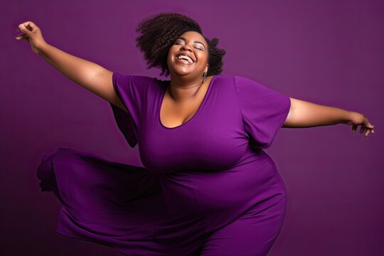 Beautiful Full Figured Body Positive Happy African American Woman Dancing on a Purple Background with Space for Copy (Generative AI)