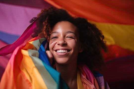 Beautiful LGBTQ Person with a Rainbow Flag (Generative AI)