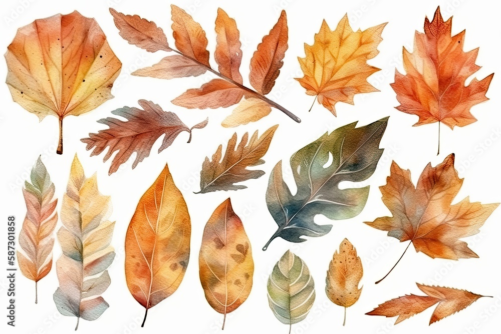 Aufkleber colorful array of autumn leaves isolated on a white background. generative ai
