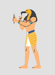 Egyptian god Thoth concept. Man with birds head. Mythology and ancient African religion. God of wisdom and knowledge. Antique king or pharaoh. Cartoon flat vector illustration