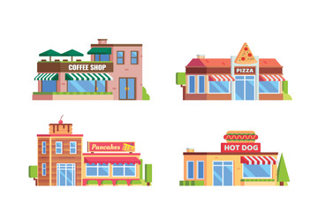 Vector element of cafe or coffee shop building, pizza restaurant, pancakes cafe and hot dog resto flat design style for city illustration