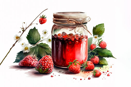 Strawberry jam in the glass jar with berries