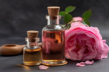 Perfumed rose water in a glass small bottle with wooden stopper. Pink flower petals oil. Massage, aromatherapy and organic cosmetics concept. Homemade product. Image is AI generated.