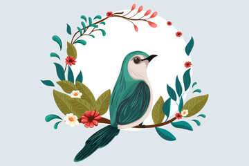 Illustration with beautiful bird and flowers, leaves, nature, abstract leaf patterns, bird day illustration, vector 