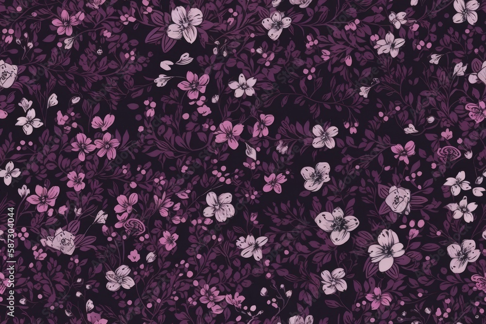 Poster black background with a repeating pattern of purple and white flowers. generative ai