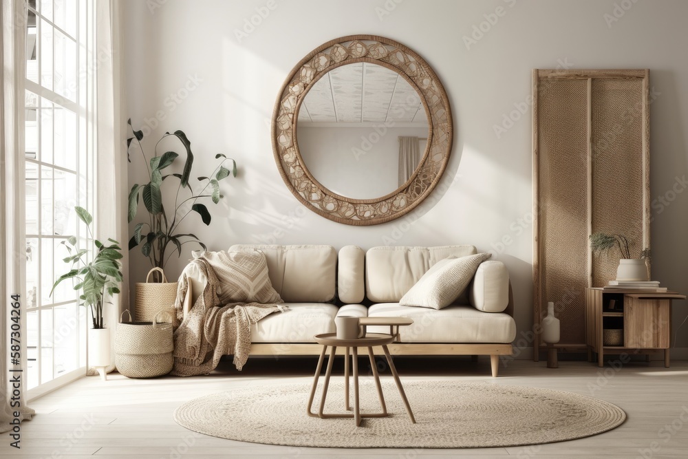 Poster Boho living room with soft white tones with mirror. Generative AI