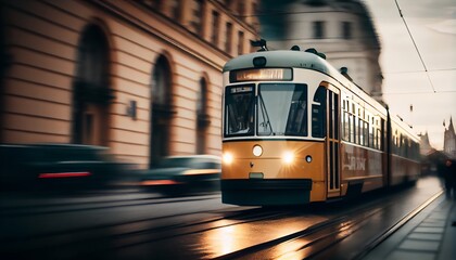 Fototapeta na wymiar Yellow tram with motion blur effect moves fast in the city. High speed passenger train in motion on railroad.