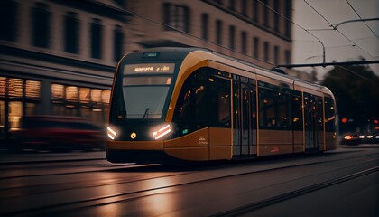 Yellow tram with motion blur effect moves fast in the city. High speed passenger train in motion on railroad. - obrazy, fototapety, plakaty