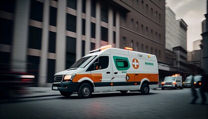 Fototapeta premium Ambulance Van on a wide city street. White emergency vehicle with warning lights and siren moving fast an avenue.