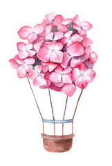 Watercolor print with hot air balloon pink flowers. Watercolor hydrangea. Flower plant on a white background. hand drawn illustration