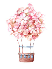 Watercolor print with hot air balloon pink flowers. Watercolor hydrangea. Flower plant on a white background. hand drawn illustration