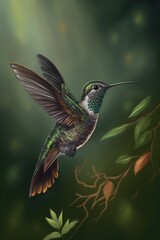 Fototapeta na wymiar Flying hummingbird with green forest in background. Small colorful bird in flight. vintage style. AI generated