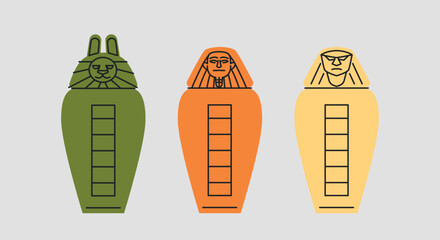 Collection of egyptian coffins. Green, orange and beige tombs for pharaohs. Set of ancient relics. Archeology and paleontology. Cartoon flat vector illustrations isolated on white background