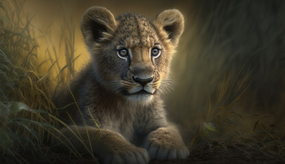 Fototapeta na wymiar Lion cub playing in grass forest under dawn twilight morning mist dew