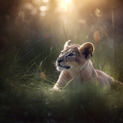 Lion cub playing in grass forest under dawn twilight morning mist dew