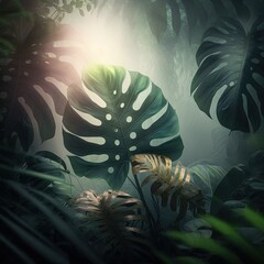 monstera leaves in the jungle background - obrazy, fototapety, plakaty