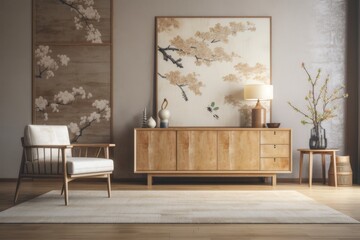 White and beige Japanese living room. Wooden dresser with wall mockup. Wallpaper, parquet. Modern decor,. Generative AI