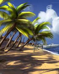  Palm trees blowing in the wind on a sandy beach